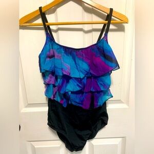 Robby Len One Piece Swimsuit Black Blue Summer Ruffle Layered Top Swimsuit 12